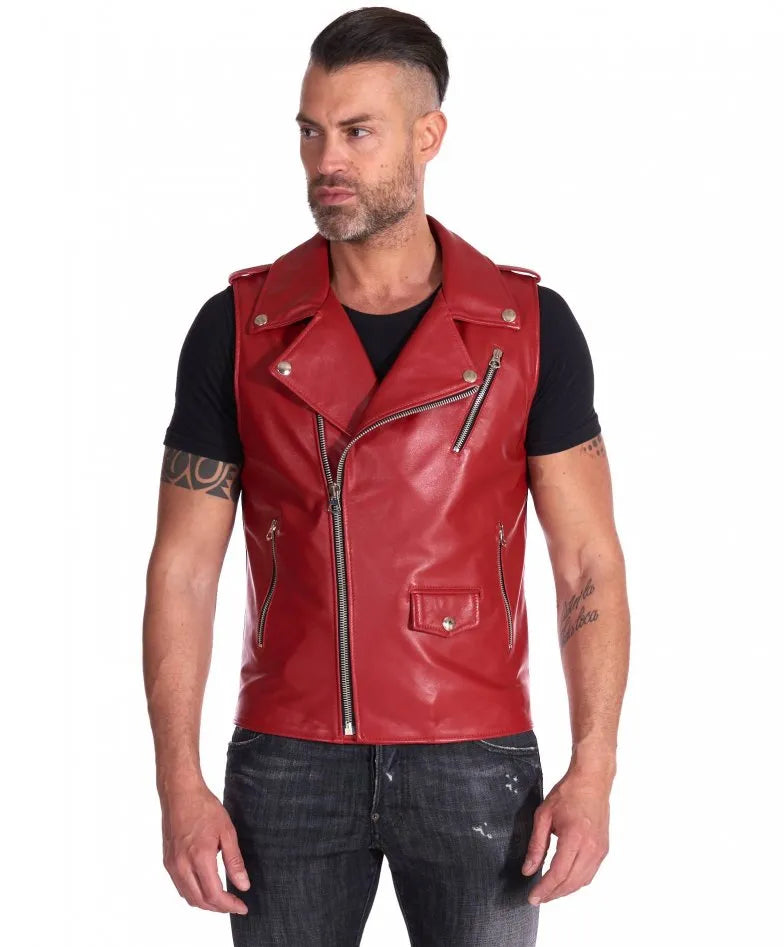 Mens Red Biker Leather Vest - Frozva