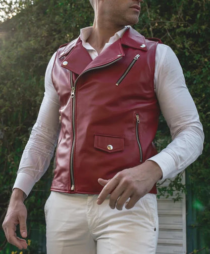 Mens Red Biker Leather Vest - Frozva