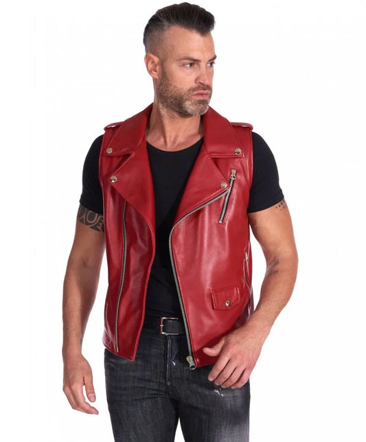 Mens Red Biker Leather Vest - Frozva