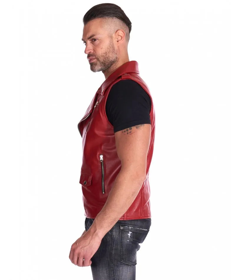 Mens Red Biker Leather Vest - Frozva