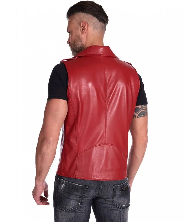 Mens Red Biker Leather Vest - Frozva