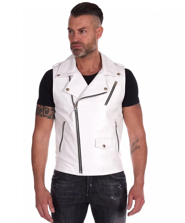 Mens White Perfecto Biker Leather Vest