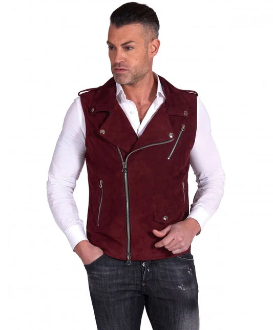 Mens Maroon Biker Suede Leather Vest - Frozva