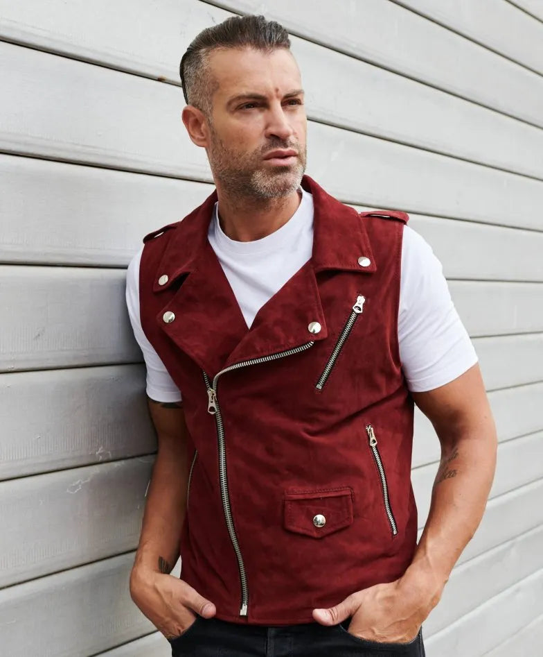 Mens Maroon Biker Suede Leather Vest - Frozva