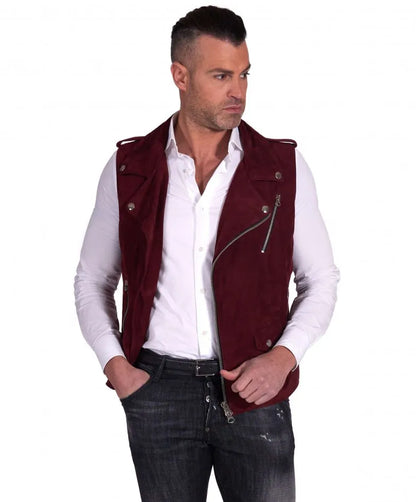 Mens Maroon Biker Suede Leather Vest - Frozva