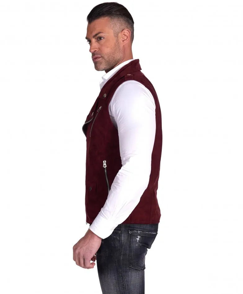 Mens Maroon Biker Suede Leather Vest - Frozva