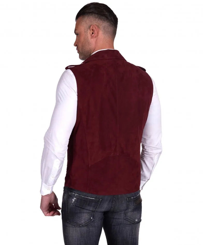 Mens Maroon Biker Suede Leather Vest - Frozva