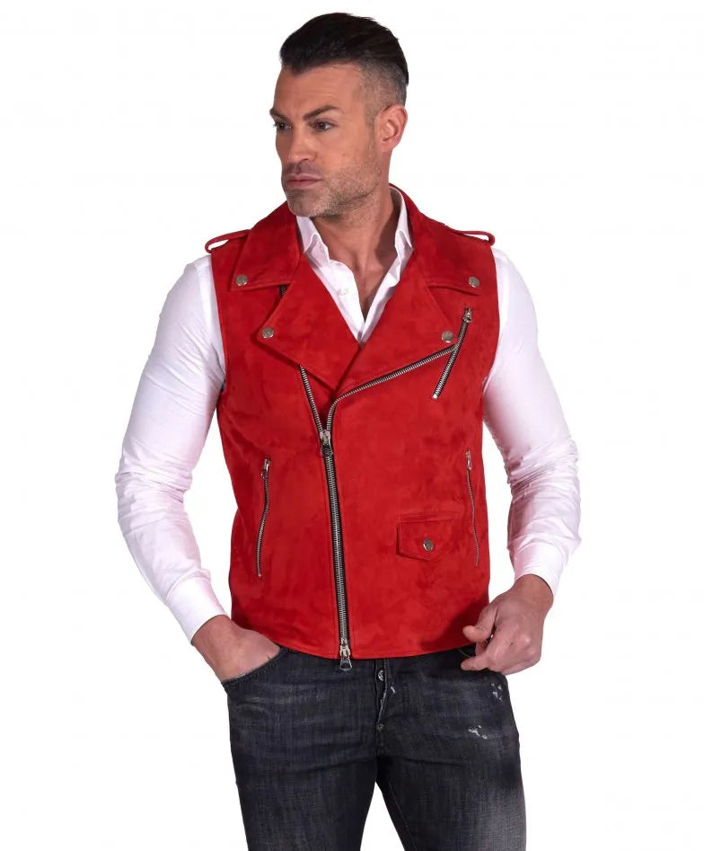 Mens Red Biker Suede Leather Vest - Frozva