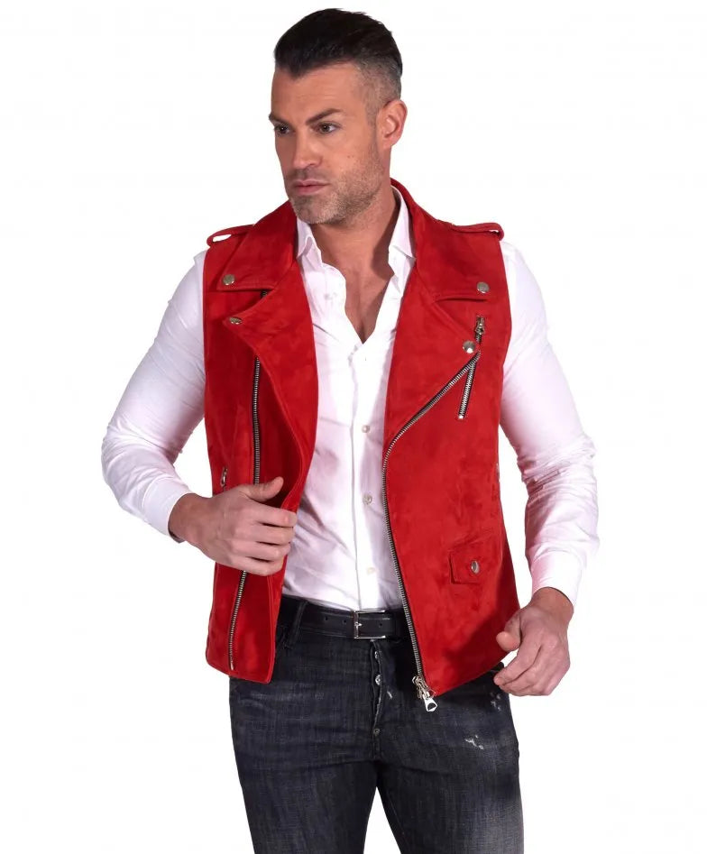 Mens Red Biker Suede Leather Vest - Frozva