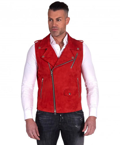 Mens Red Biker Suede Leather Vest - Frozva