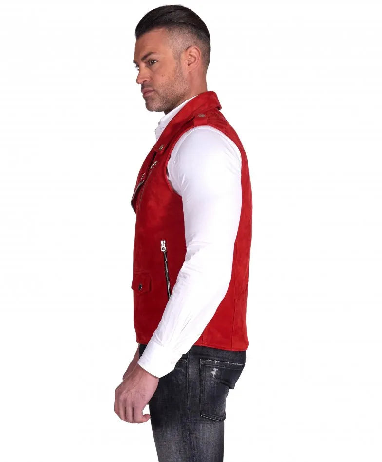 Mens Red Biker Suede Leather Vest - Frozva