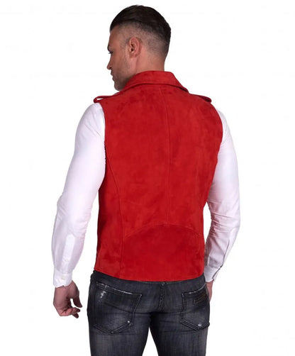 Mens Red Biker Suede Leather Vest - Frozva