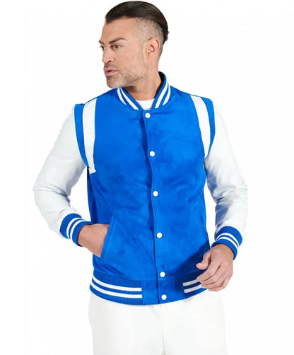 Blue Suede Leather Varsity Bomber Jacket for Men