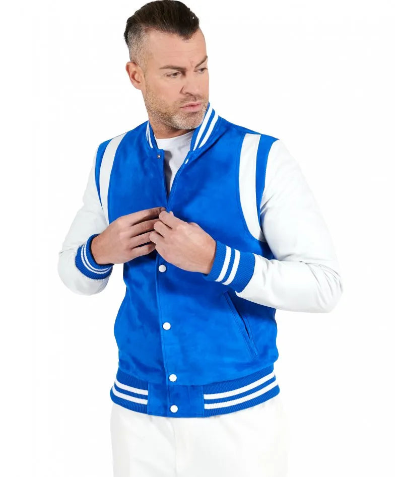 Blue Suede Leather Varsity Bomber Jacket for Men