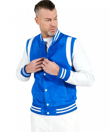 Blue Suede Leather Varsity Bomber Jacket for Men