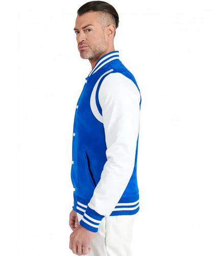 Blue Suede Leather Varsity Bomber Jacket for Men