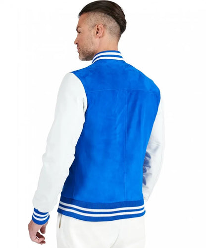 Blue Suede Leather Varsity Bomber Jacket for Men