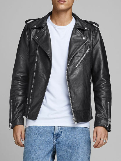 Mens Black Biker Belted Jacket