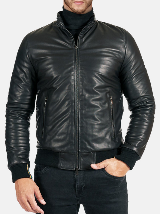 Biker Mens Black Smooth Leather Bomber Jacket