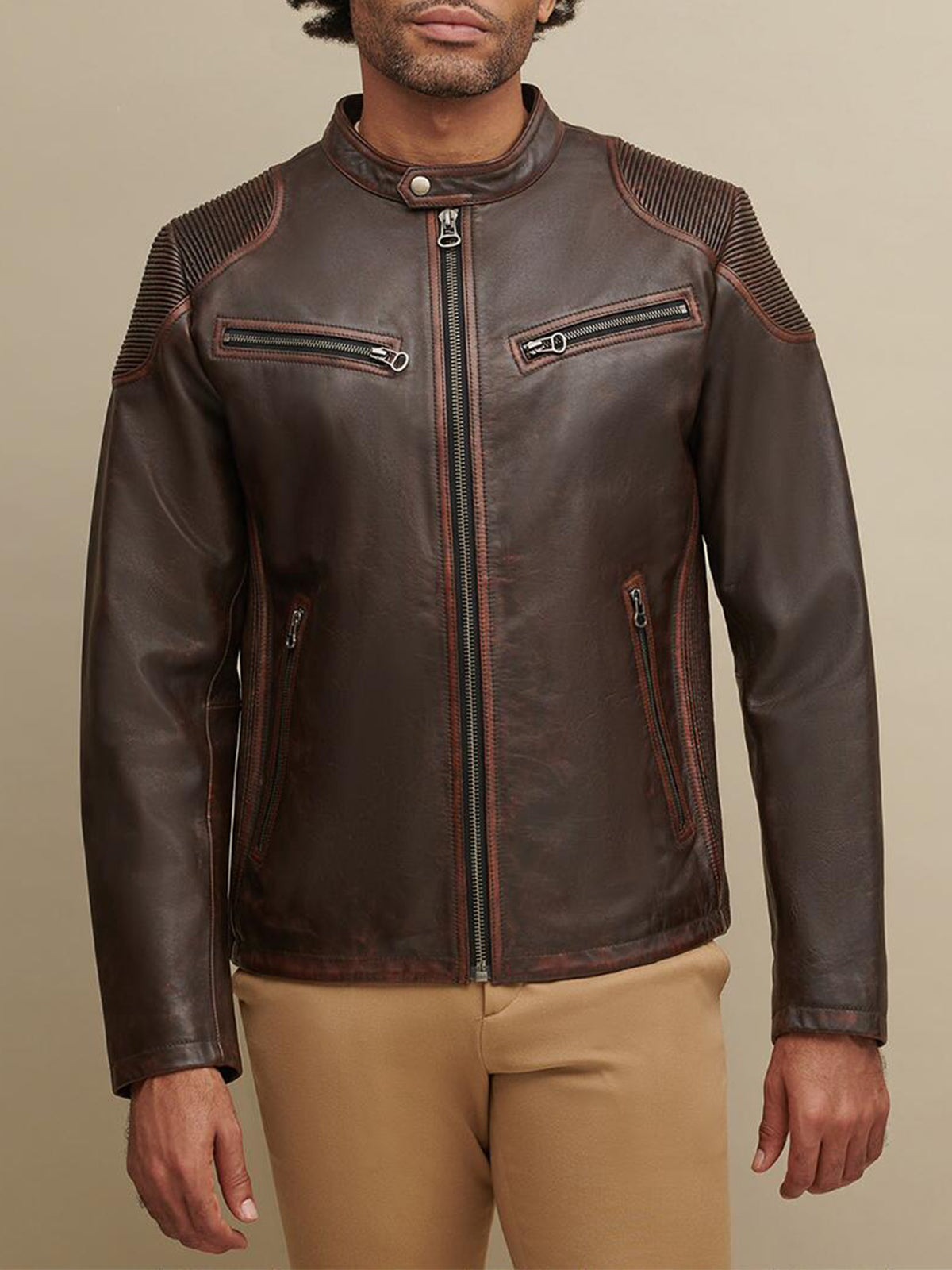 Mens Biker Brown Leather Jacket - Frozva