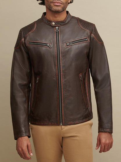 Mens Biker Brown Leather Jacket - Frozva