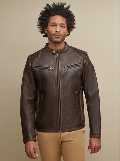 Mens Biker Brown Leather Jacket - Frozva