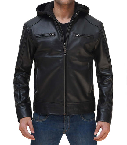 Dodge Mens Black Leather Jacket with Removable Hood