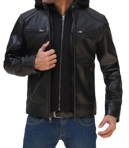 Dodge Mens Black Leather Jacket with Removable Hood