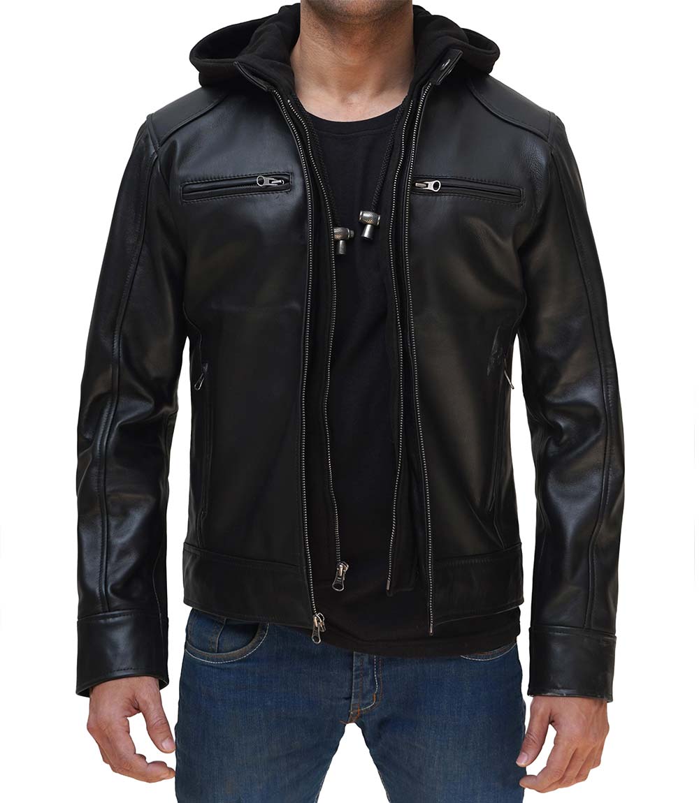 Dodge Mens Black Leather Jacket with Removable Hood