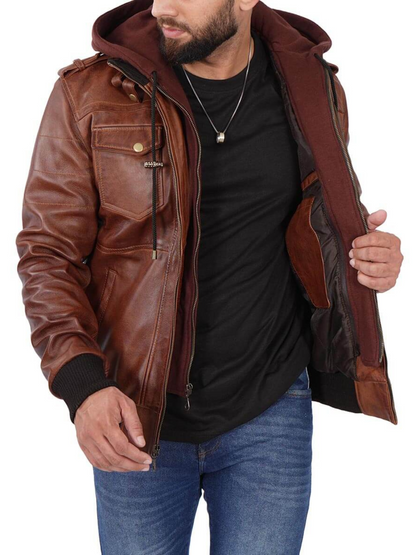 Mens Bomber Leather Removable Hood Jacket