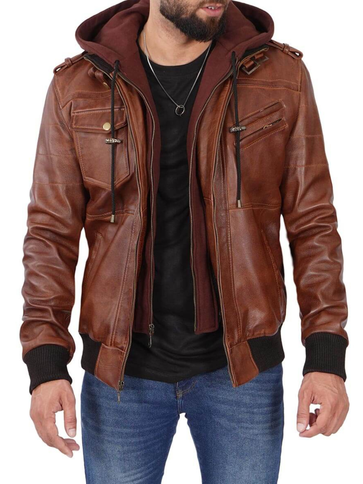 Mens Bomber Leather Removable Hood Jacket