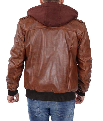 Mens Bomber Leather Removable Hood Jacket