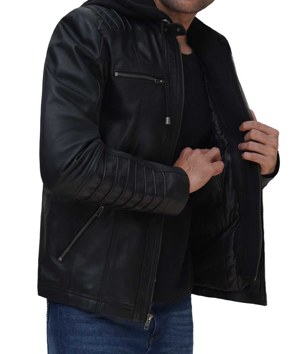 Black Cafe Racer Leather Jacket With Removable Hood – Frozva