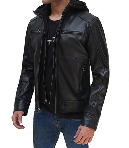 Dodge Mens Black Leather Jacket with Removable Hood