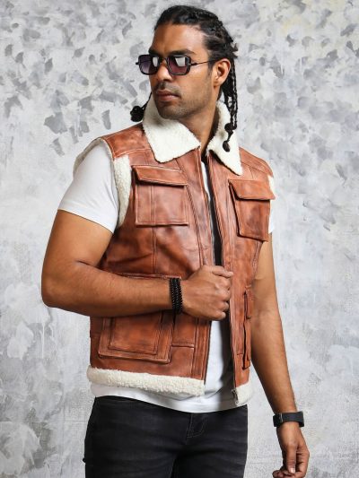 Brown Real Leather Vest For Mens