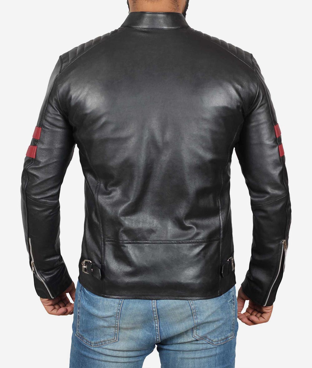 Mens Black Quilted Red Stripe Cafe Racer Leather Motorcycle Jacket