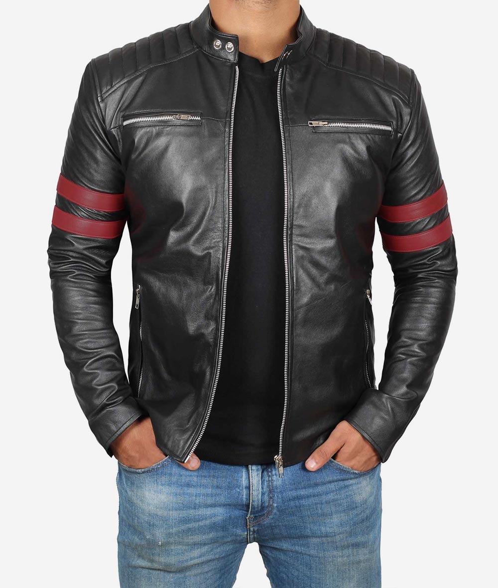 Mens Black Quilted Red Stripe Cafe Racer Leather Motorcycle Jacket