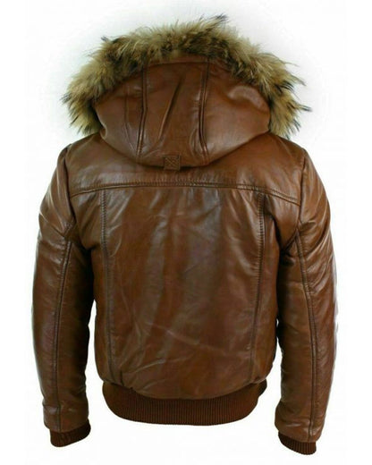 Men's Brown Hooded Bomber Leather Jacket