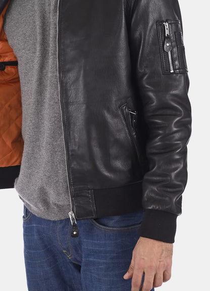 Mens Black Bomber Ink Leather Jacket