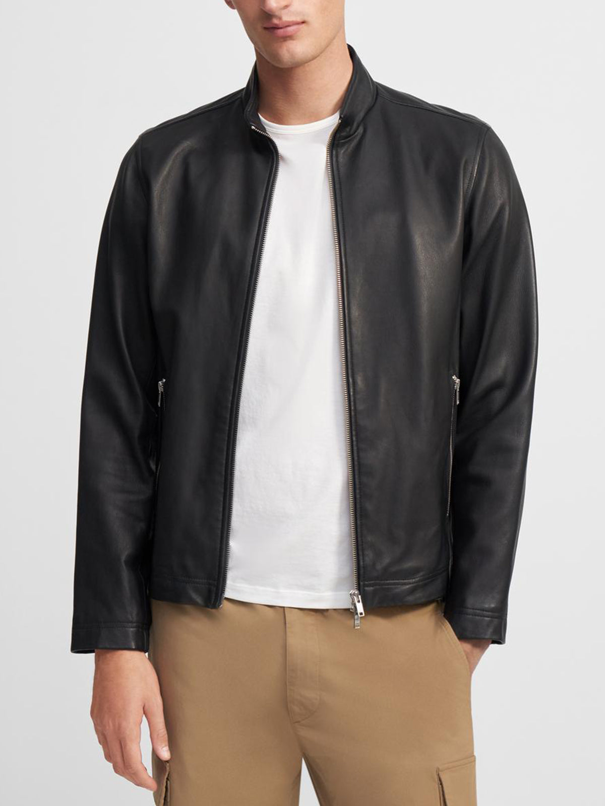 Mens Slim Fit Black Round Collar Leather Jacket