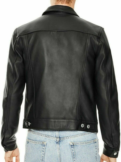 New Men Black Leather Button Closure  Biker Jacket