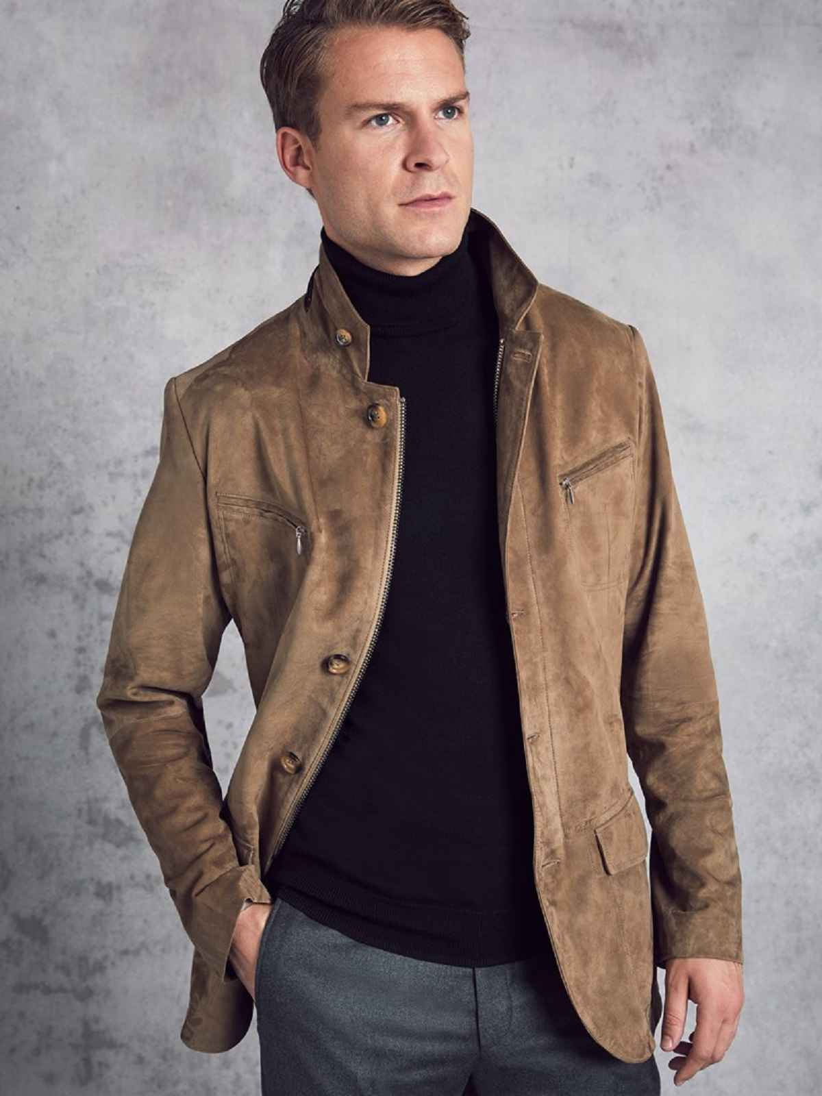 Men Taupe Brown Suede Jacket