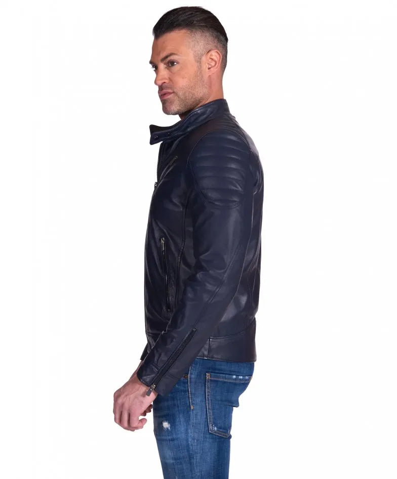 Quilted Blue Motorcycle Leather Jacket