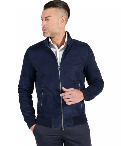 Blue Suede Leather Bomber Jacket for Men