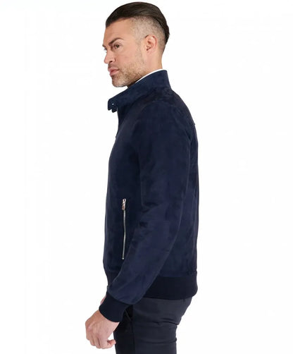 Blue Suede Leather Bomber Jacket for Men