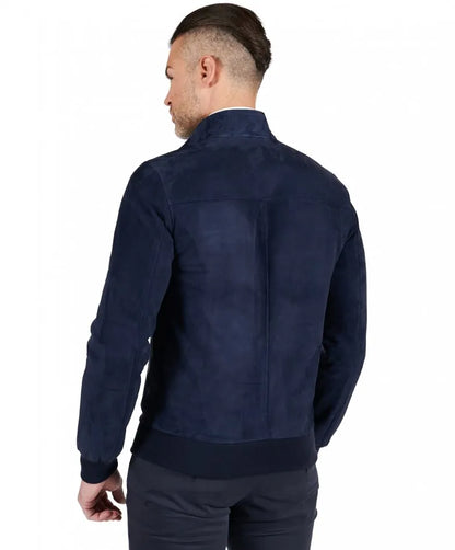 Blue Suede Leather Bomber Jacket for Men