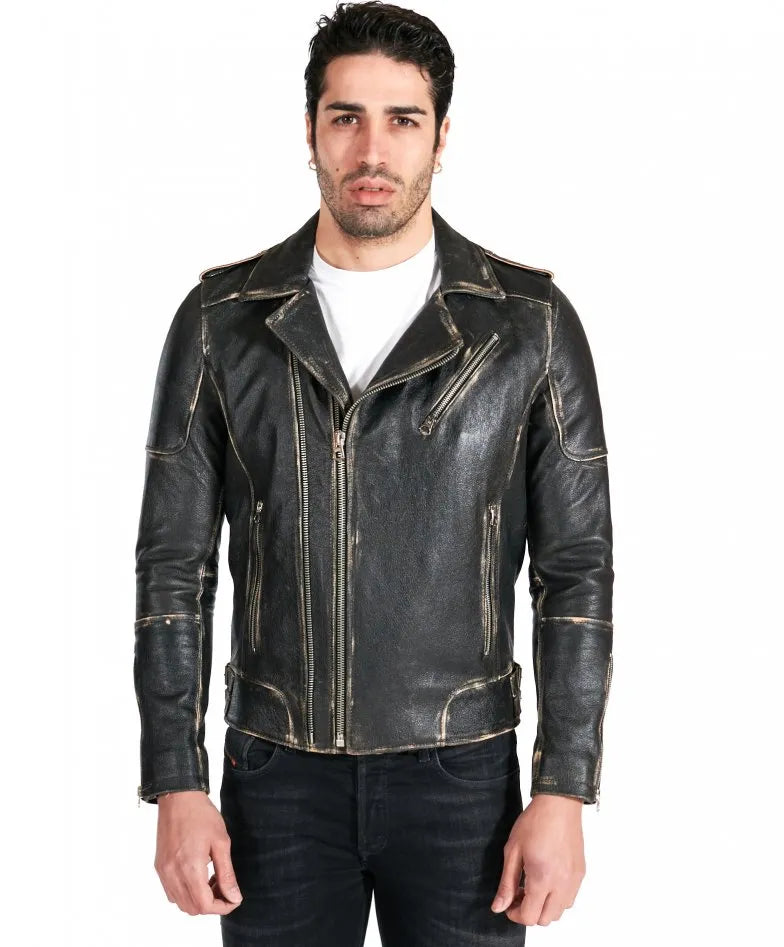 Black Leather Jacket with Functional Zipper - Frozva