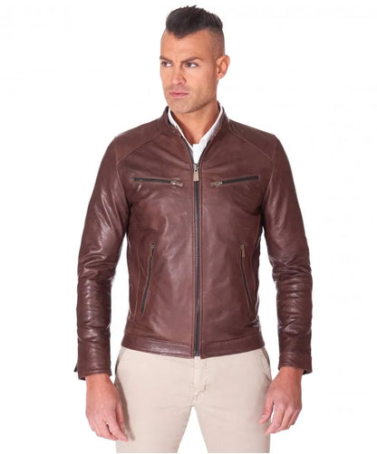 Men's Casual Style Brown Biker Leather Jacket